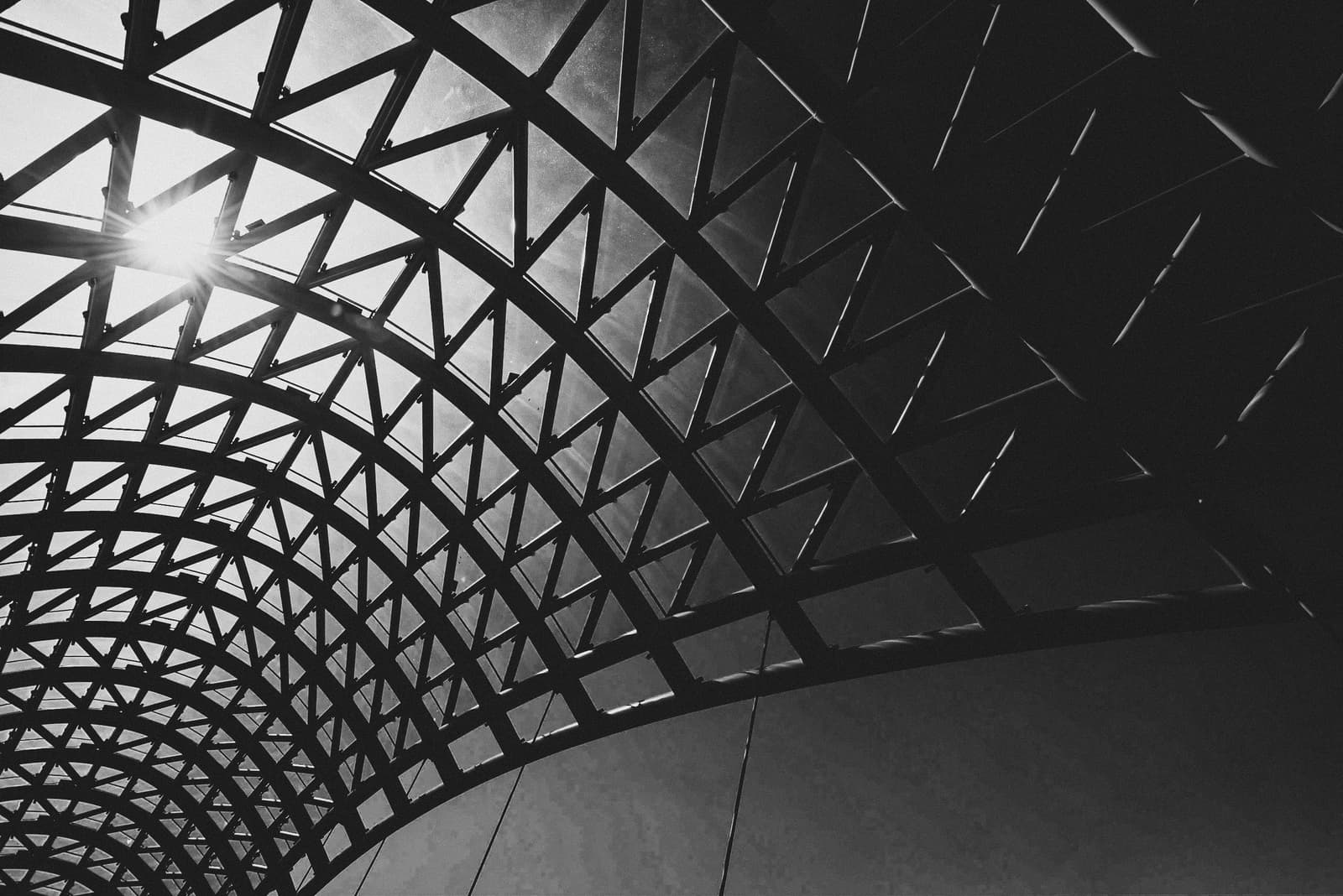 A black and white low-angle view of a curved metal framework ceiling with glass panels, forming a repeating triangular grid pattern. Bright sunlight is visible through the top left section, creating lens flare and sharp contrast against the dark structural beams.