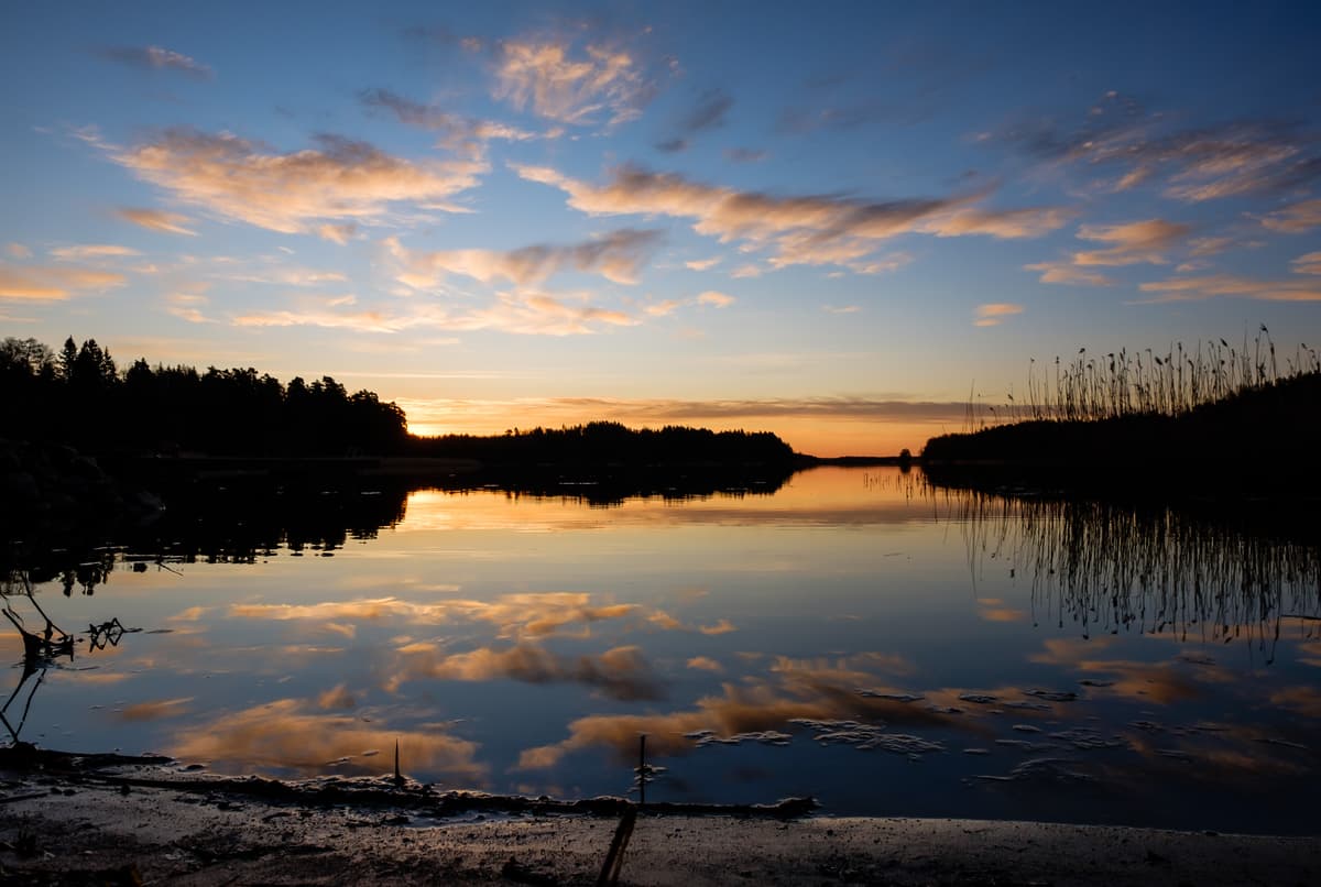 A wide shot of a calm lake at sunset. A dark silhouette of trees and shoreline occupies the middle distance, while reeds protrude from the water on the right. The orange and blue clouds in the sky are clearly reflected on the glassy surface of the lake.