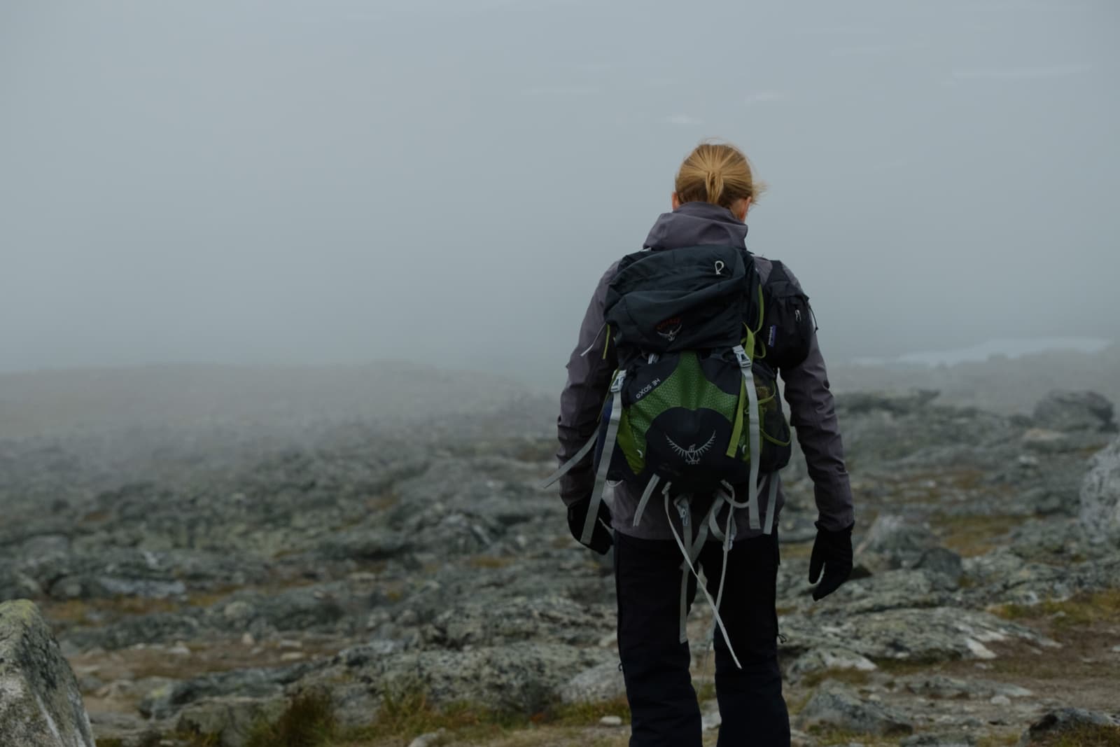 A person seen from behind, wearing a grey hooded outdoor jacket, black trousers, gloves, and a large black and green technical hiking backpack. They are standing on a rugged, rocky path in a foggy, sparse highland landscape.